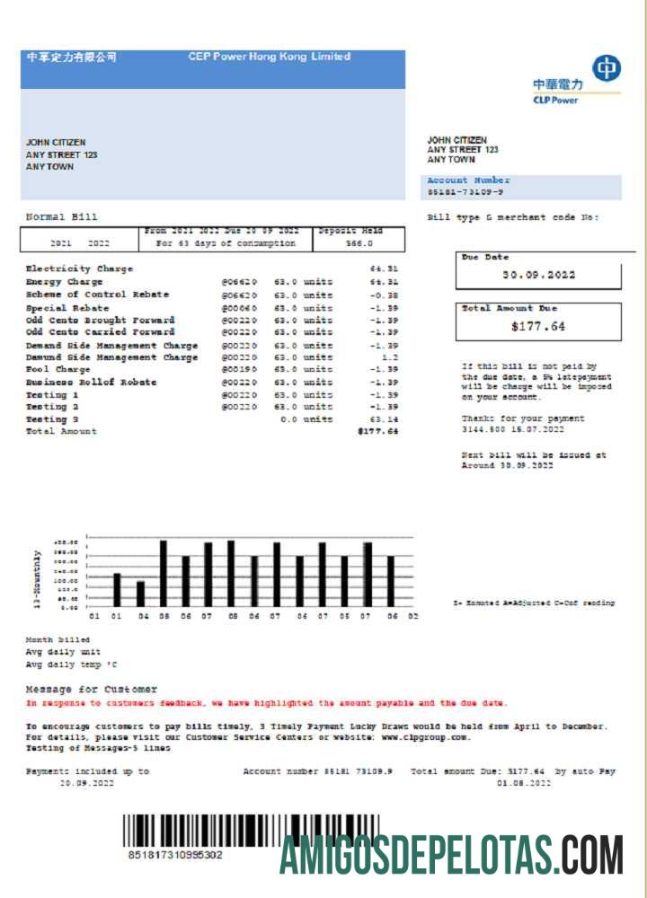 Conta de serviços públicos limitada de Hong Kong CLP Power Hong Kong exemplo real